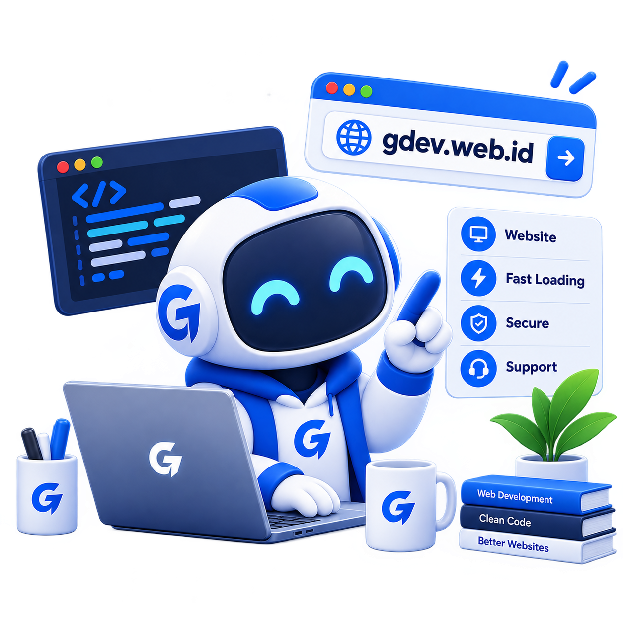 Maskot G-DEV sedang mengerjakan website di laptop