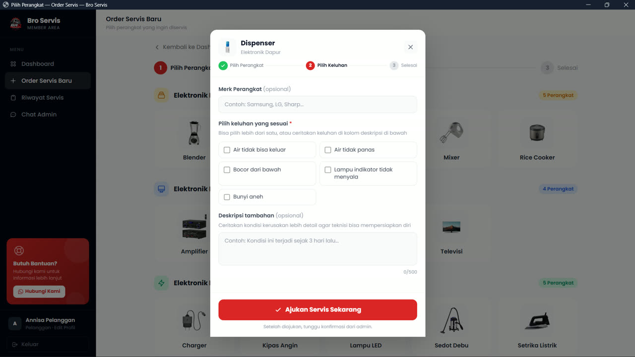 Order servis — pilih keluhan