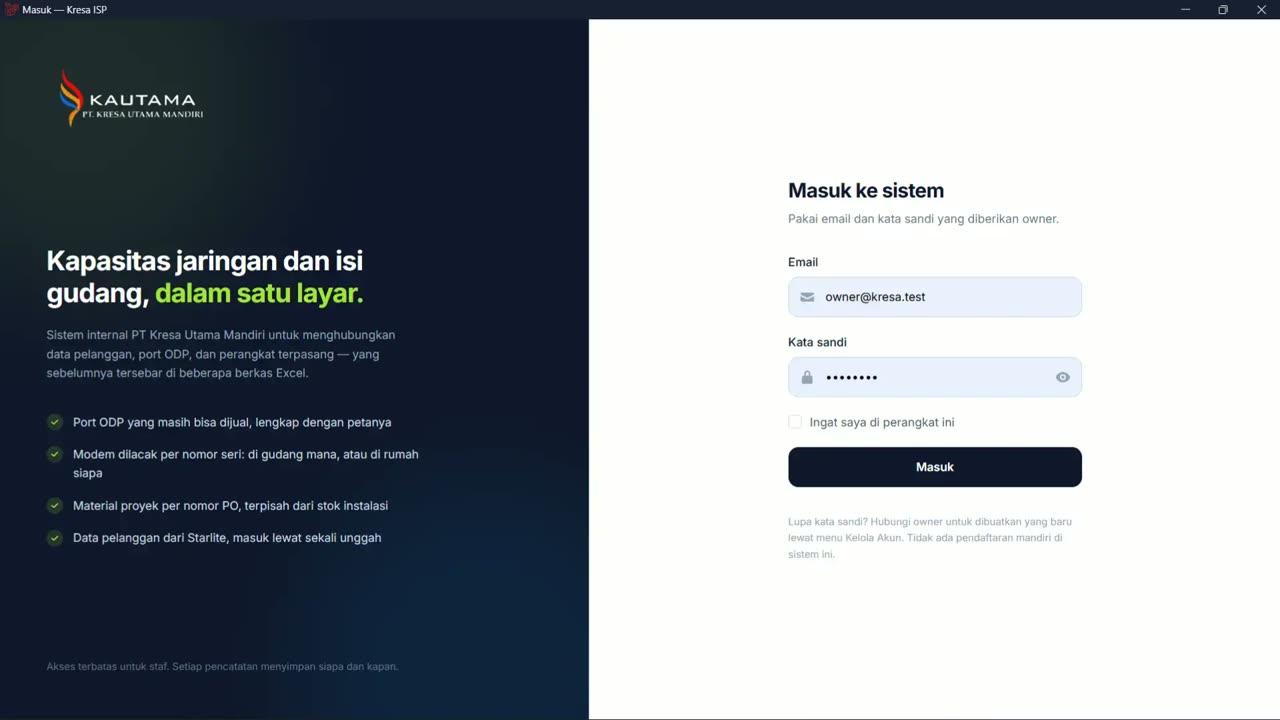 Halaman login sistem Kresa ISP